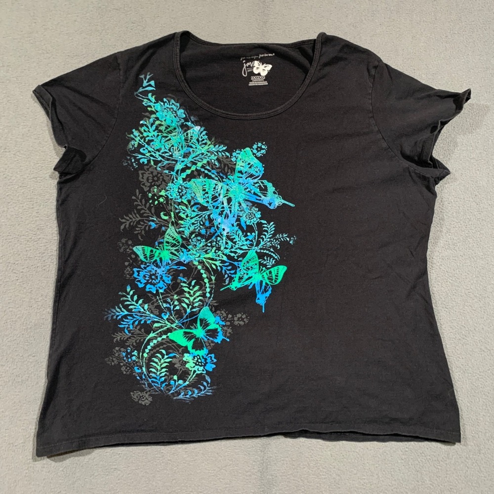 Y2K Fairy Tee Womens 2X Black Butterfly Graphic Cotton T-Shirt Whimsigoth